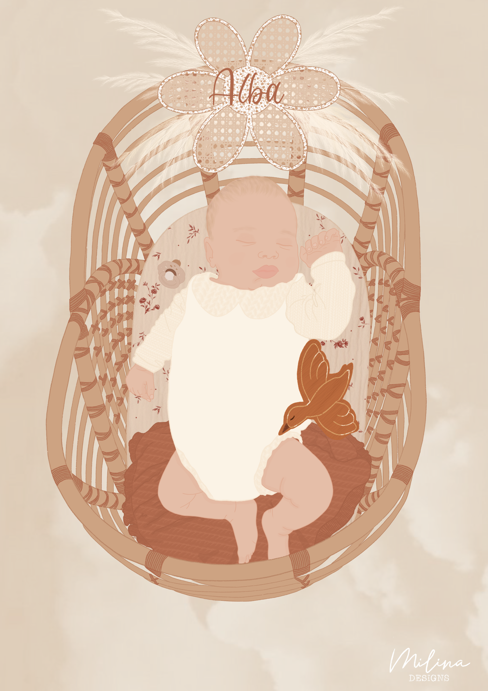 Illustration bébé dans un berceau en rotin